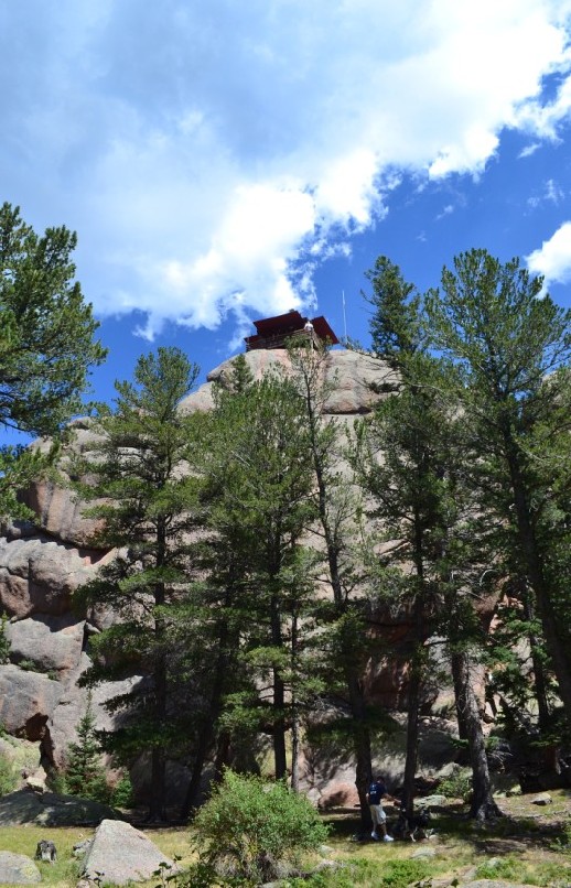 Devil's Head Lookout Tower seen from below near ranger's cabin